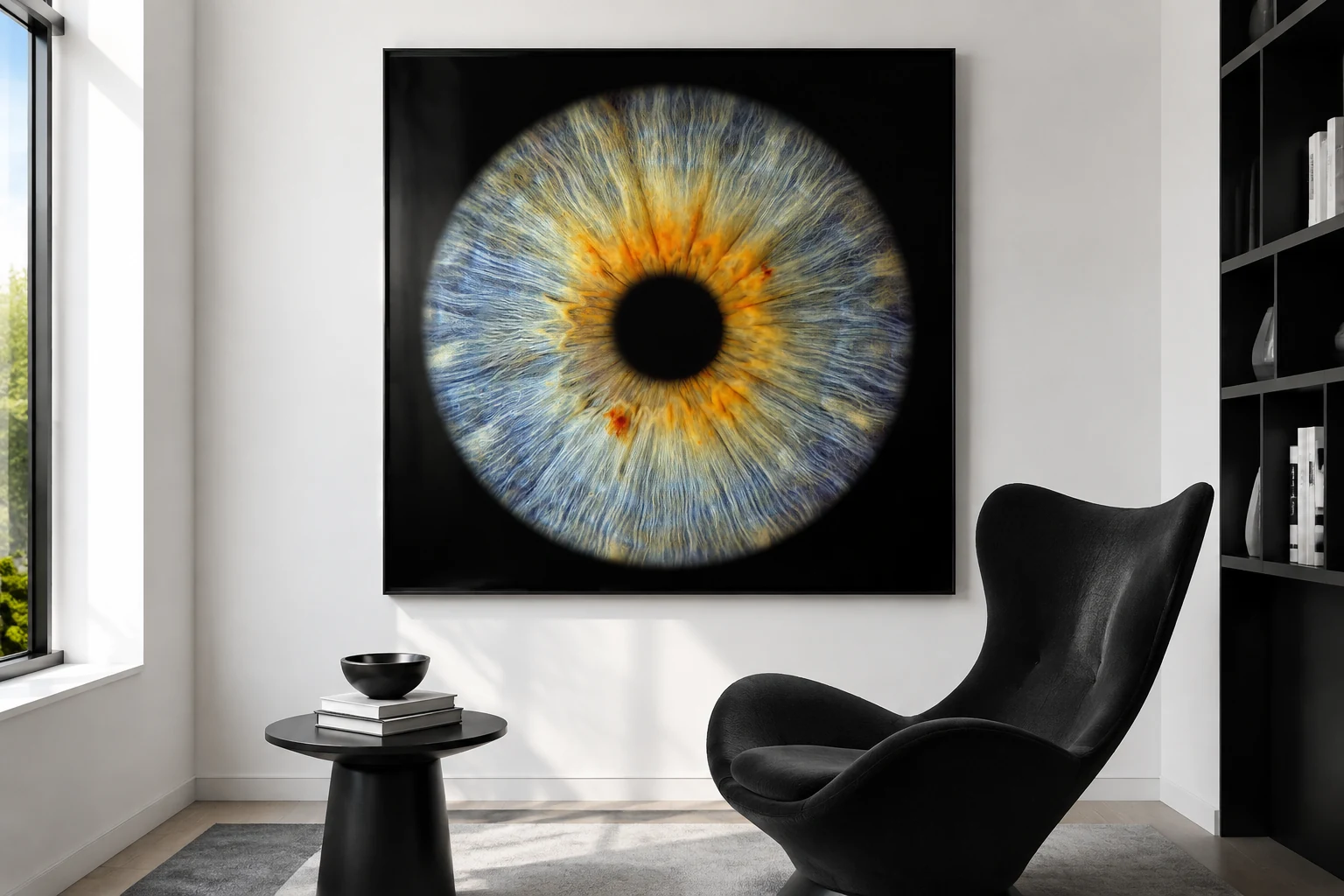 Wohnraumvisualisierung: eine blau-goldene Iris als gerahmtes Fotopapier in einer hellen Leseecke